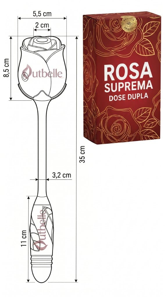 Diagrama técnico com dimensões da Rosa Suprema e embalagem Dose Dupla Outbelle